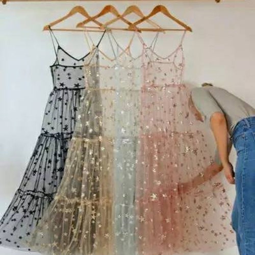 Gold Starry Mesh Tulle Dress/summer Fishnet Mesh Shirt/ Star - Etsy  Singapore