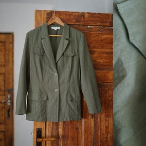 Vintage 90s, linen blend, classic, khaki military style, safari, farmers workwear summer blazer by Capri Collection,fits size 42european, L