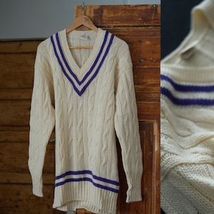 Vintage pure new wool, versity, preppy, off white, wide v-neck sweater dress, long line sweater made in Cambridge by Luke Eyres, fits size M