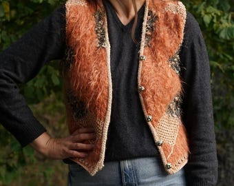 Chaleco de punto con patchwork vintage de los años 80, técnica mixta artística, tallas S-M