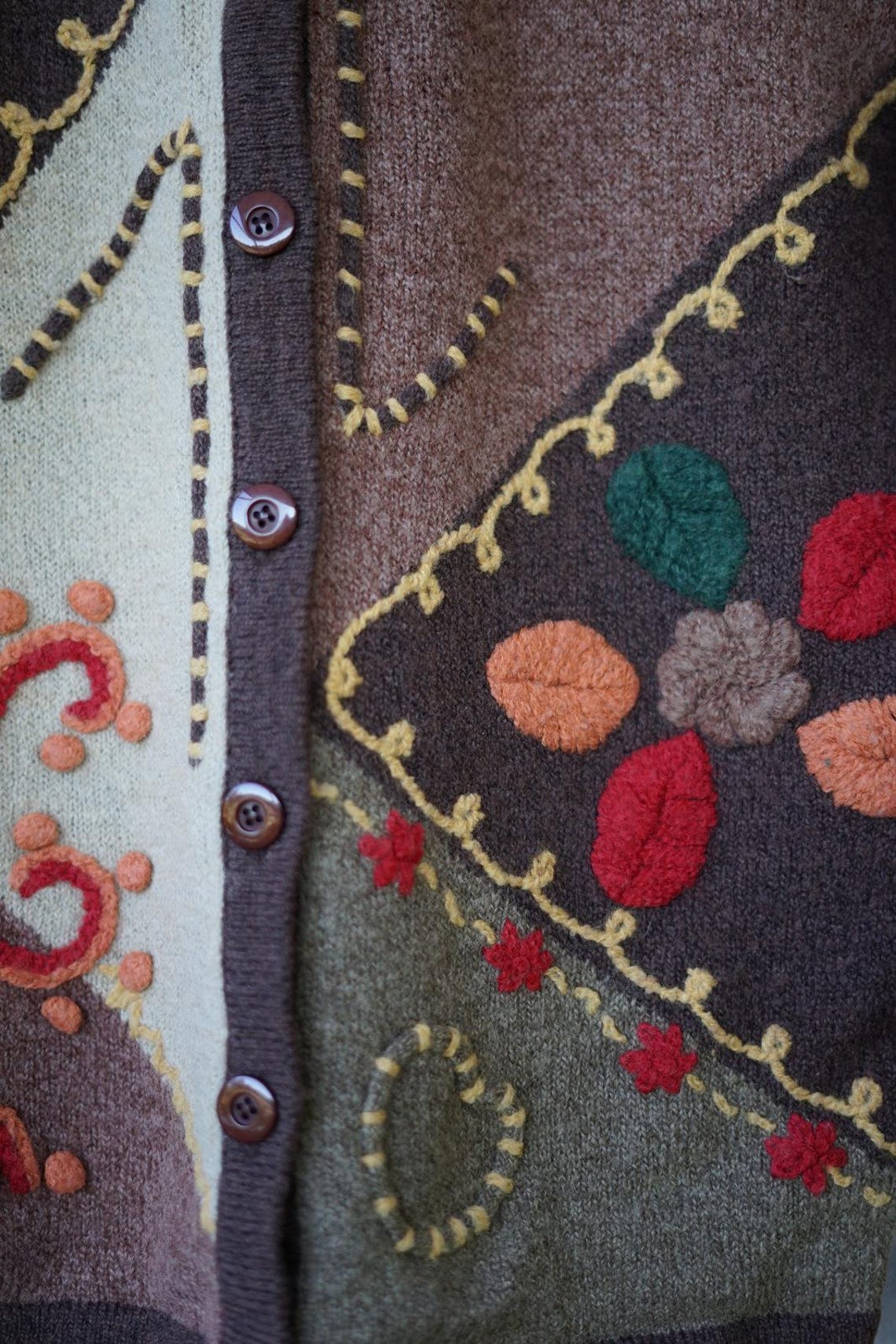 Vintage Embroidered Wool Blend Cardigan, Fall Knit, Size S-L, photo 3 sur 5