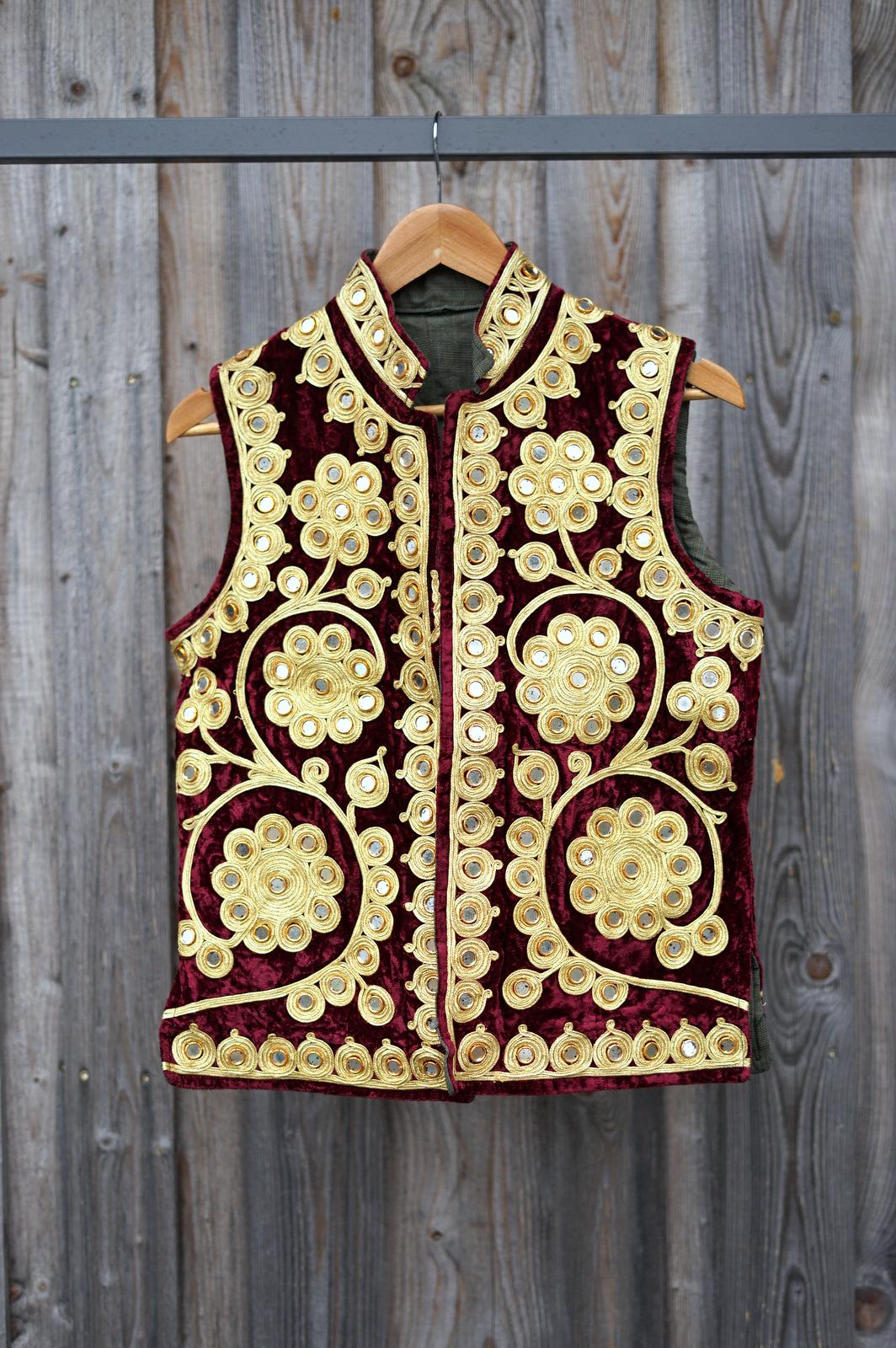 Vintage Indian Velvet Waistcoat – Gold Soutache Shisha Embroidery
