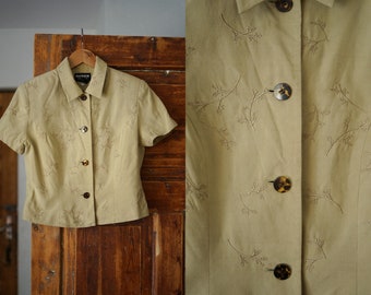 90s Vintage Silk Top Shirt Womens Small Blue Geometric