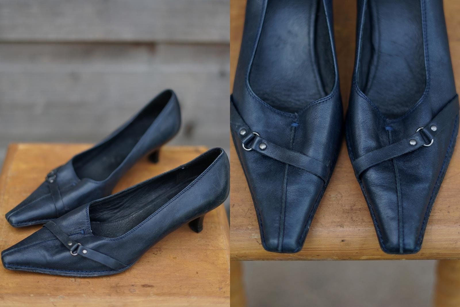 Escarpins Sandales Vintage Adrien Chausseur – Cuir Bleu – Talon Cône Bas – Pointure 39 – Femme
