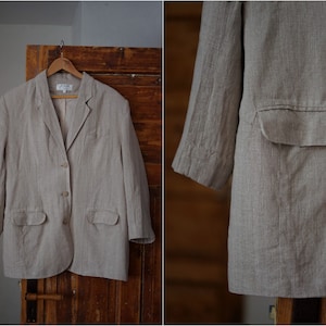 Vintage H&M natural, raw beige linen, oversize minimalist long sleeve jacket blazer