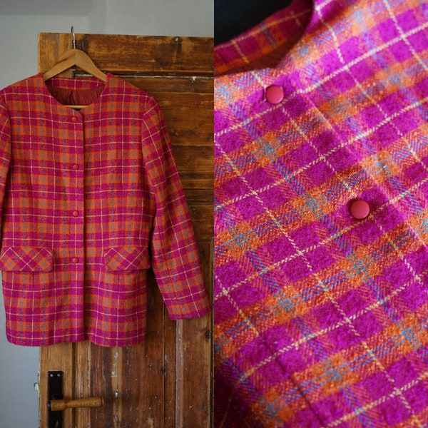 Vintage 80s style fuchsia orange, plaid tartan, long sleeve, classic lenght, chanel style womens blazer jacket size 40,42 european L