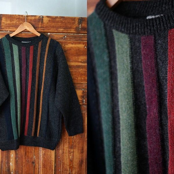 Vintage 80s, 90s wool blend, rainbow knit dark gray sweater