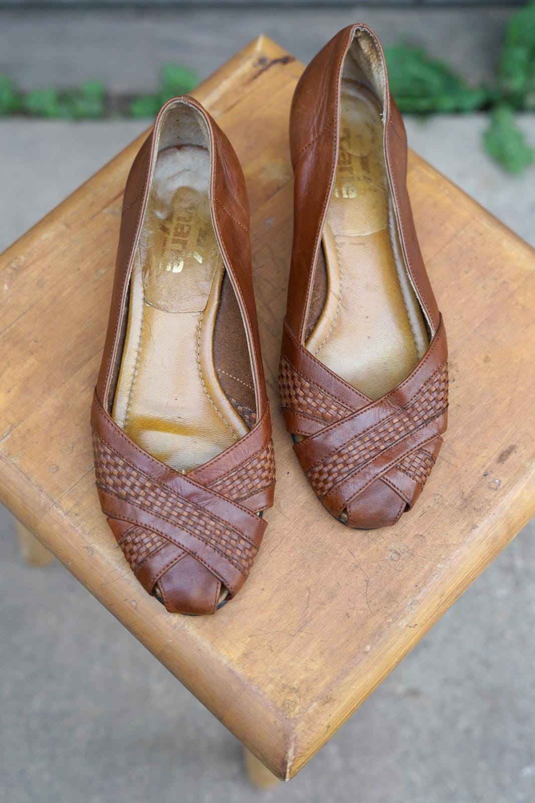 Vintage Leather Wedge Sandals, Cognac Brown, Size 5.5 UK