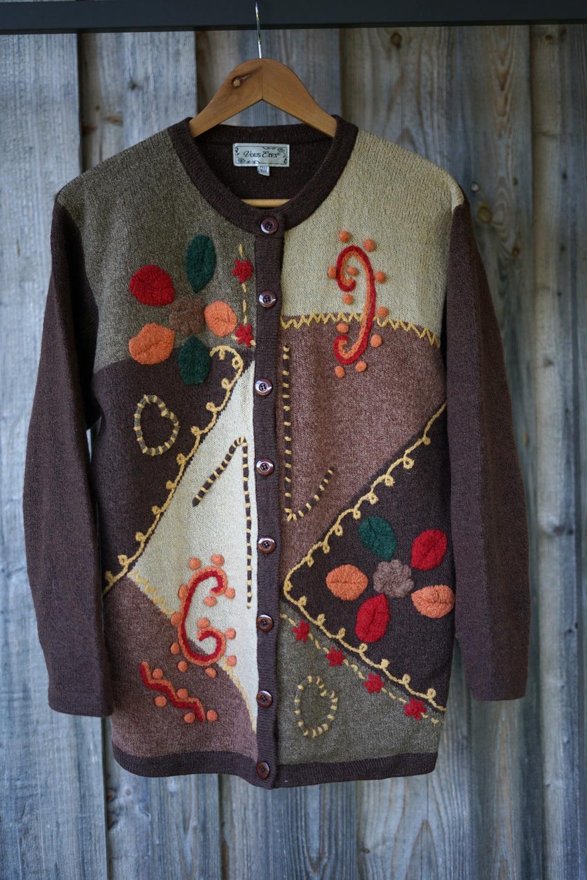 Vintage Embroidered Wool Blend Cardigan, Fall Knit, Size S-L, photo 2 sur 5