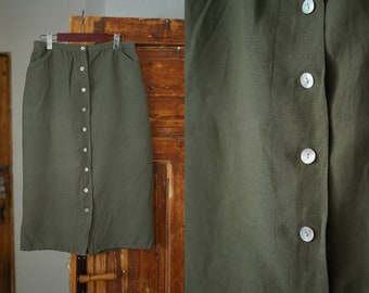 Vintage khaki green, minimalist, button up linen blend midi skirt with pockets