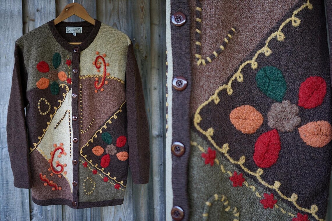 Vintage Embroidered Wool Blend Cardigan, Fall Knit, Size S-L, photo 1 sur 5
