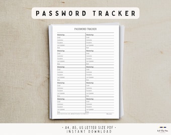 Password Tracker, Password Keeping Log, Printout Insert Template , Website Login Organiser - Instant Download Printable, A4 A5 US Letter PDF