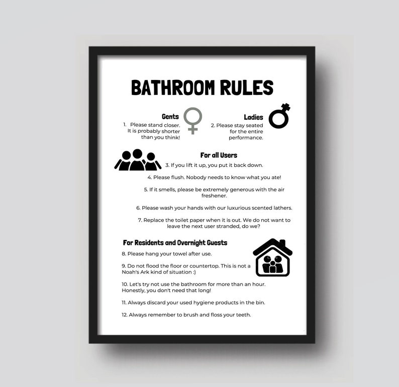 Bathroom Rules / Toilet Rules / Printable Wall Art, Bathroom Wall Art