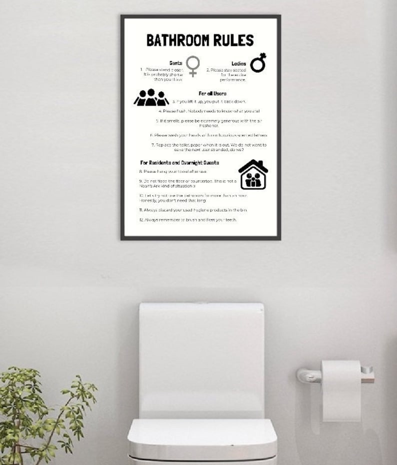 Bathroom Rules / Toilet Rules / Printable Wall Art, Bathroom Wall Art