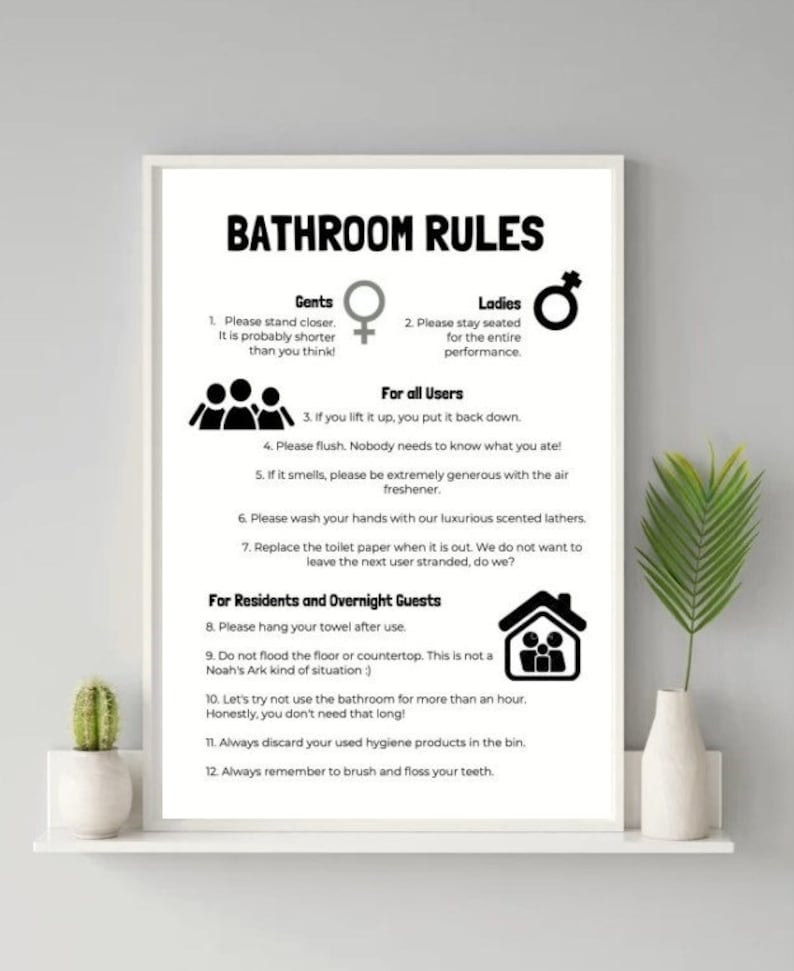 Bathroom Rules / Toilet Rules / Printable Wall Art, Bathroom Wall Art
