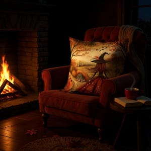 Samhain Homecoming Reversible Cushion, Double Sided Velvet Feel Pillow, 18x18 Autumn Folklore Art, Plump Insert