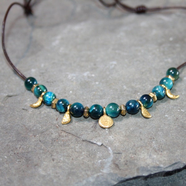 Moon Phase Necklace with Peacock Tiger's Eye - Celestial Jewelry, Witchy Spiritual Gift for Her