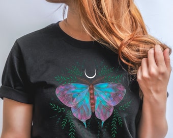 Luna Moth Graphic T-Shirt, Celestial Fairycore Witchy Tee, Plus Size Available