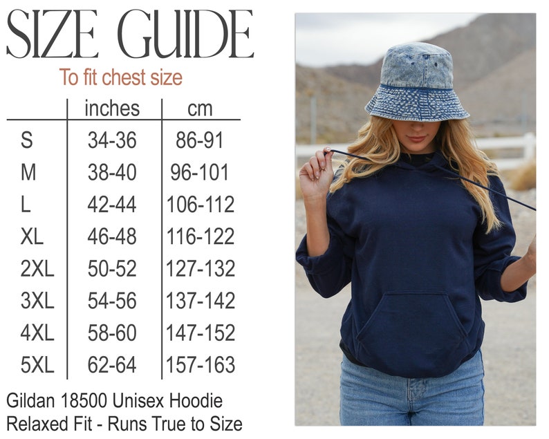 Puede incluir: Tabla de tallas para una sudadera con capucha unisex Gildan 18500. La tabla muestra las tallas de pecho en pulgadas y cent&iacute;metros, que van de la S a la 5XL. El texto "Relaxed Fit - Runs True to Size" tambi&eacute;n est&aacute; incluido.