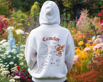 Camelot Map Hoodie in 7 Colours S-5XL, Mythical King Arthur & Merlin Back Print, Fantasy Gift for Medieval Enthusiasts