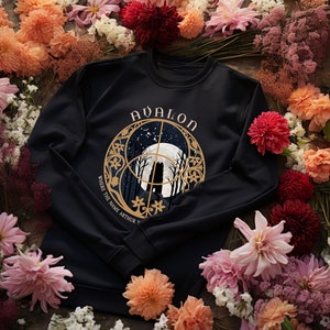 May include: Black sweatshirt with a gold graphic design featuring a moon, trees, and the text "Avalon, Where the name Arthur..."