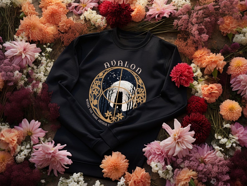 May include: Black sweatshirt with a gold graphic design featuring a moon, trees, and the text "Avalon, Where the name Arthur..."