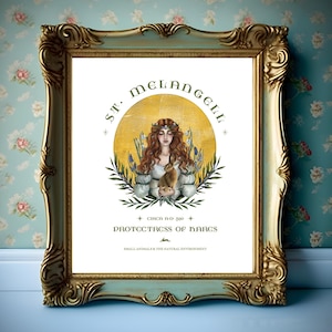 May include: A vintage-style print featuring a woman with long red hair holding a rabbit. The print is titled "St. Melangell" and includes the text "Circa A.D. 500" and "Protectress of Hares".