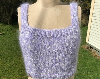 Hand Knit New Zealand Mohair Wool & Cotton Cropped Cami Tank Top in Purple and Cream