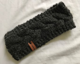 Hand Knit NZ Wool Cable Headband Ear Warmers - Charcoal