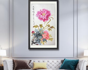 Peonies original hand-painted Chinese flowers, traditional Chinese color, a vertically painted peony picture thickened