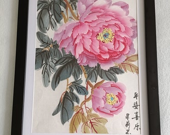 Original hand-painted Chinese peony flowers, traditional Chinese color, a vertically painted peony picture thickened