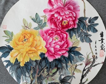 Peonies original hand-painted Chinese flowers, traditional Chinese color, a vertically painted peony picture thickened