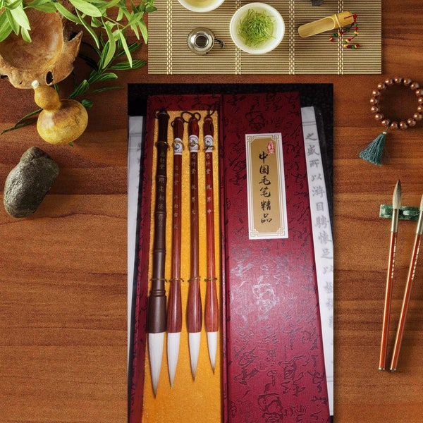 Ensemble de pinceaux de calligraphie chinoise, ensemble de pinceaux d'écriture Kanji japonais Sumi, ensemble de pinceaux de dessin + porte-brosse en bambou enroulable