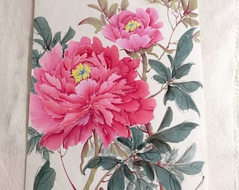 Peonies original hand-painted Chinese flowers, traditional Chinese color, a vertically painted peony picture thickened