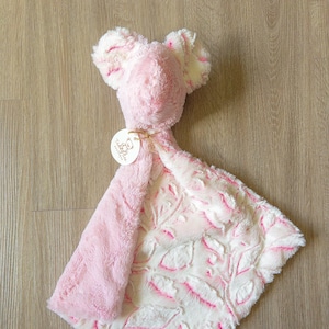 Pink Bear Lovey Blanket for Baby Girl, Soft Minky Security Toy, Handmade Newborn Gift, Sensory Snuggle Buddy, Baby Shower Gift Idea