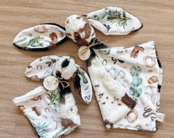 Western Bunny Lovey: Cowboy Cactus Minky Baby Security Blanket, Cow Print