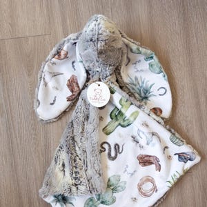 Western Bunny Lovey – 22” Handmade Minky Baby Security Blanket, Cowboy Desert Print & Grey Plush, Baby Shower Gift for Boys or Girls