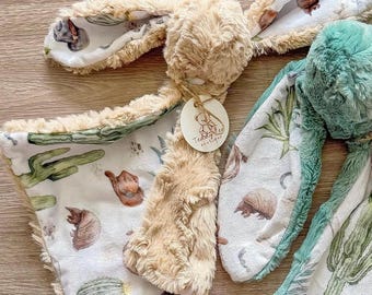 Western Bunny Lovey: Latte Brown Minky Baby Security Blanket with Cactus and Cowboy Print