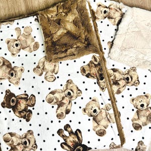 Bear baby blanket, Minky teddy bear nursery gift, soft cozy woodland toddler security blanket, handmade baby shower gift for boys and girls