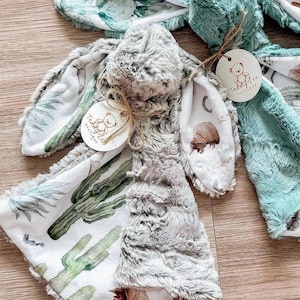 Western Bunny Lovey: Silver Fox Minky Baby Security Blanket with Cowboy Desert Print