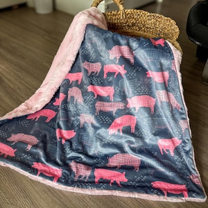 Pink Pig Minky Blanket for Baby Girl – Farm Animal Baby Blanket – Soft Plush Handmade Baby Gift – Pink and Grey Toddler Blanket