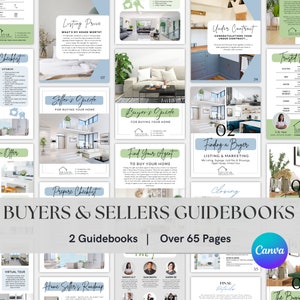 May include: A collection of real estate guidebooks with titles like "Seller's Guide" and "Buyer's Guide." The design features a clean layout with images of homes and text such as "Listing Price" and "Find Your Agent." The guidebooks are designed with a modern aesthetic.