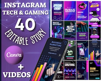 40 modelli professionali per storie TECNOLOGICHE E DI GIOCO + VIDEO / Disegni Canva / Casa dei designer / Incredibili idee per i social media in stile storie aziendali