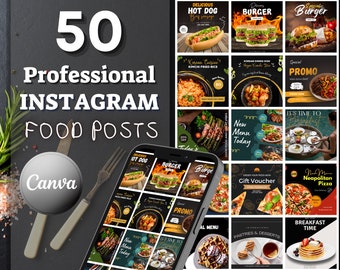 50 modelli professionali per FOOD e CAFE per post INSTAGRAM - Incredibili design Canva - Pizza, hamburger, colazione - Ristoranti sui social media