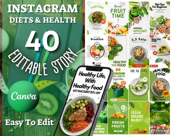 40 modelli di storie professionali su DIETA e CIBO SALUTARE / Canva Designs / Designers House / Idee incredibili per i social media in stile storia professionale