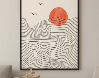 Design BAUHAUS minimale, sole rosso, onde del mare / Illustrazione originale / / Cornice nera o poster