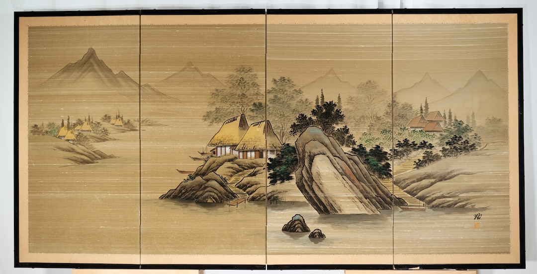 【組子細工】四枚折れ 屏風【青森ヒバ】 Japanese 4-panel Byobu Riverside Thatched Homes Hand Signed