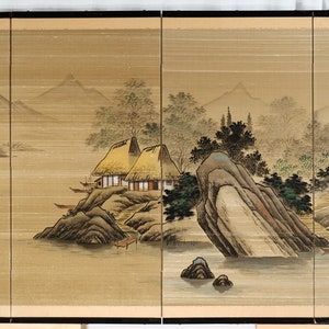 Japanese 4-Panel Byobu Riverside Thatched Homes Hand Signed & Painted Silk Folding Screen Divider Early to Mid 20th Century