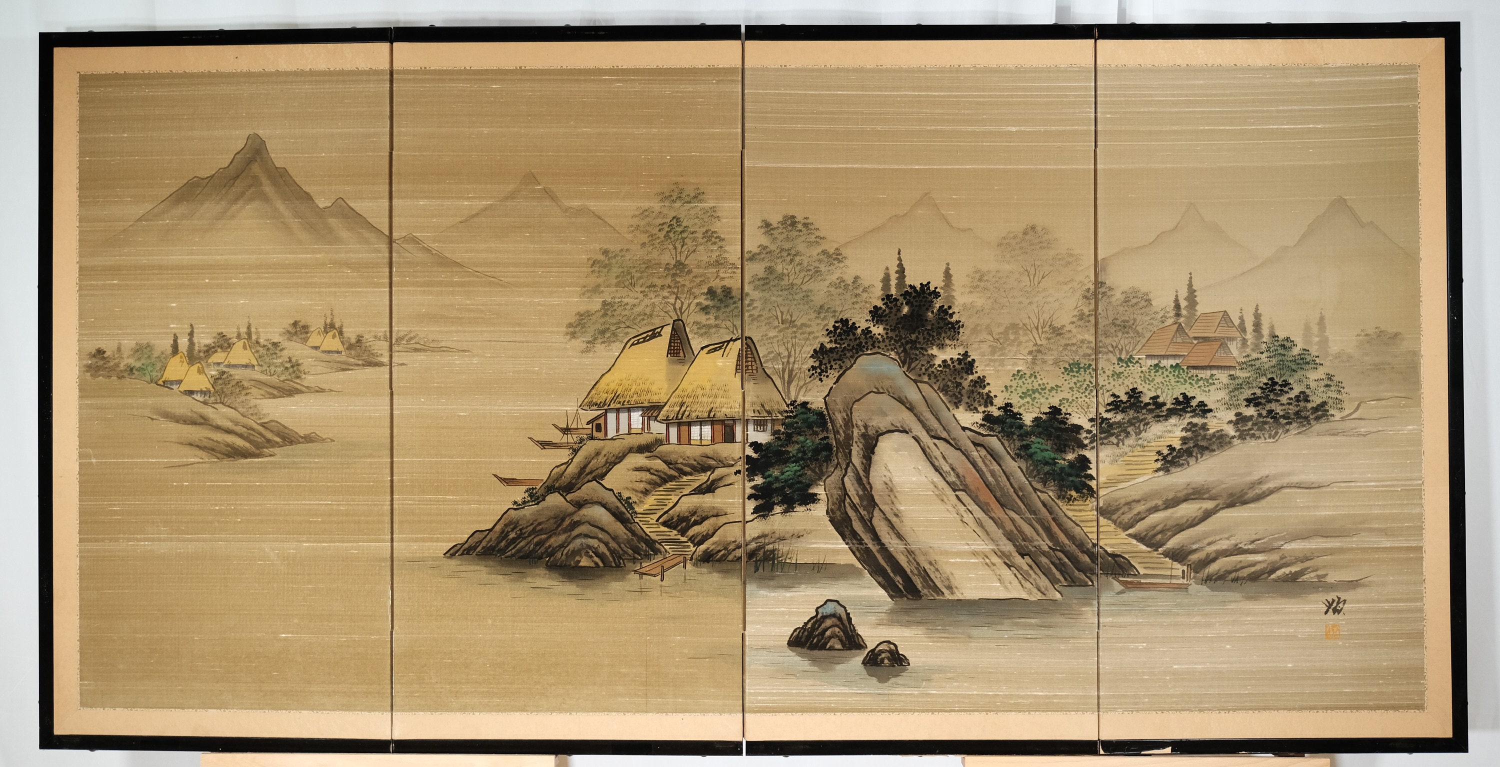 【組子細工】四枚折れ 屏風【青森ヒバ】 Japanese 4-panel Byobu Riverside Thatched Homes Hand Signed