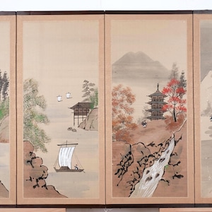 Mid 20th Century Antique 1960s Japanese Byobu &quot;The Four Seasons&quot; Artist Hand Painted and Signed 4-Panel Folding Screen Very Good + Condition